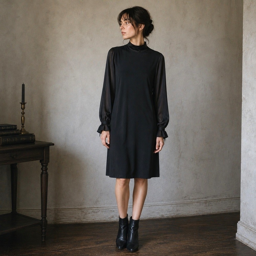 Zara Mock Neck Midi Dress S Black Balloon‎ Sleeve Minimalist Classic Whimsigoth